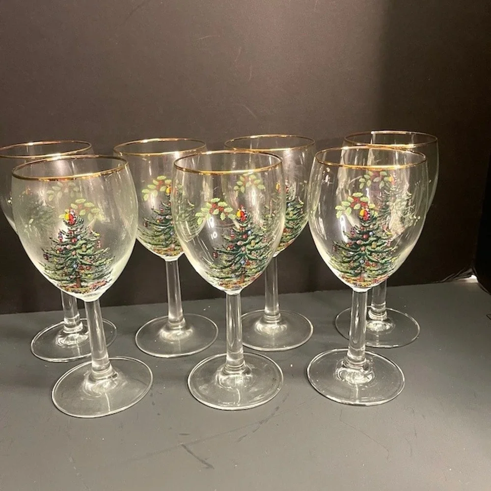 Vintage Spode Christmas Tree 12 oz Stemmed Wine Glasses Gold Rim Set of 7